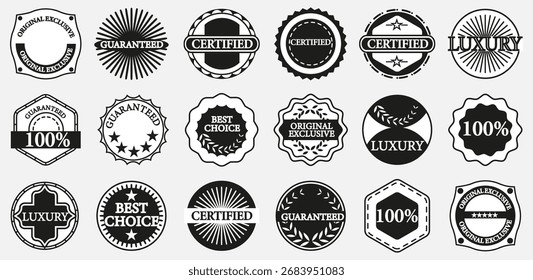 Coleção de crachás de garantia com várias etiquetas. Emblemas redondos e hexágonos pretos incluem certificado e melhor escolha