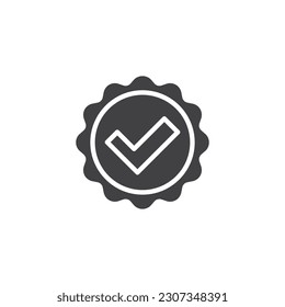 Icono de vector de placa certificada de garantía. signo plano relleno para concepto móvil y diseño web. Insignia con marca de verificación icono de glifo. Símbolo, ilustración del logotipo. Gráficos vectoriales