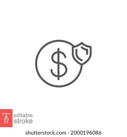 Guarantee financial, protect dollar icon. money insurance with shield. currency wealth badge safety care. Secure Payment line. Editable stroke vector illustration. Design on white background. EPS 10
