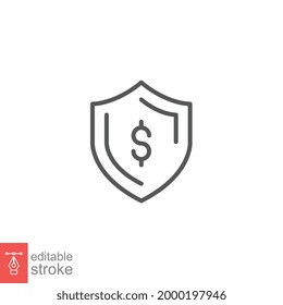 Guarantee financial, protect dollar icon. money insurance with shield. currency wealth badge. savings and investment safety care. Editable stroke vector illustration. Design on white background EPS 10