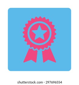 Guarantee icon from Award Buttons OverColor Set. Icon style is pink and blue colors, flat rounded square button, white background.