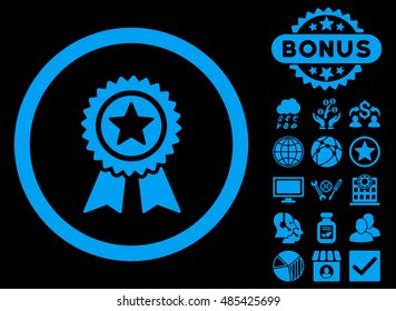 Guarantee icon with bonus pictogram. Vector illustration style is flat iconic symbols, blue color, black background.