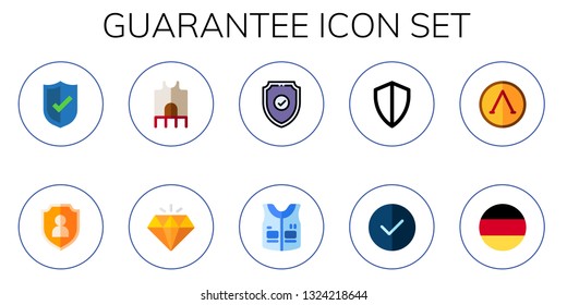guarantee icon set. 10 flat guarantee icons.  Collection Of - shield, armor, quality, verified, germany