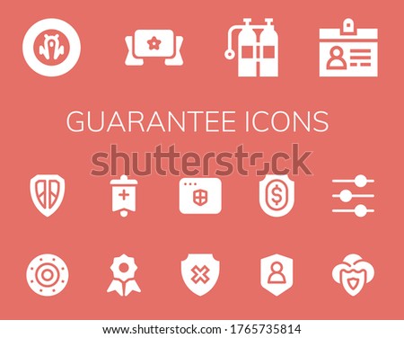 guarantee icon set. 14 filled guarantee icons.  Simple modern icons such as: Shield, Banner, Oxigen, Accreditation, Quality, Antivirus, Control