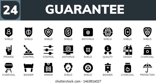 guarantee icon set. 24 filled guarantee icons.  Collection Of - Shield, Antivirus, Promise, Control, Quality, Oxigen, Charcoal, Banner, Armor, Protection
