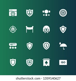guarantee icon set. Collection of 16 filled guarantee icons included Iso, Banner, Shield, Protection, Satisfaction, Seal, Antivirus, Reward, Protect