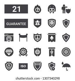 guarantee icon set. Collection of 21 filled guarantee icons included Protection, Shield, Iso, Banner, Quality, Protect, Antivirus, Seal, Charcoal