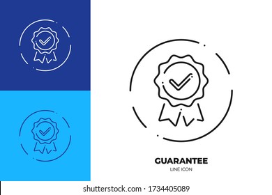 Icono de vector de arte de línea de garantía. Símbolo de contorno del emblema de calidad con marca de verificación. Pictograma de garantía hecho de trazo fino. Aislado en segundo plano.