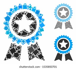 Guarantee mosaic of ragged items in different sizes and color tinges, based on guarantee icon. Vector ragged dots are composed into mosaic. Guarantee icons collage with dotted pattern.