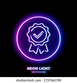 Guarantee neon light line art vector icon. Outline symbol of quality emblem with checkmark. Warranty pictogram made of thin stroke. Isolated on background.
