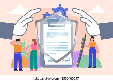Guarantee of protection of rights, conditions of agreement. People stand near big document covered with shield. Poster for social media, web page, banner, presentation. Flat design vector illustration