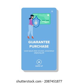 Guarantee Purchase Make Young Woman Client Vector. Girl Making Guarantee Purchase In Store. Character Lady Holding Credit Bank Card And Information Protection Web Flat Cartoon Illustration