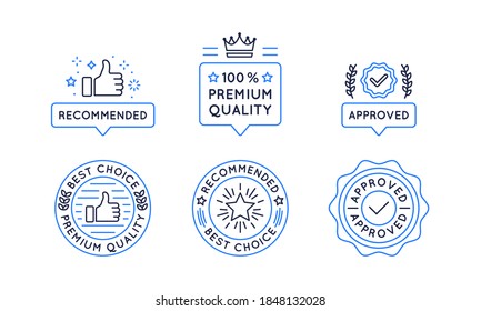 Guarantee, Quality labels and stickers. Approved, Verify, Recommended logos and banners for sale, online shopping, product promotion. Vector illustration