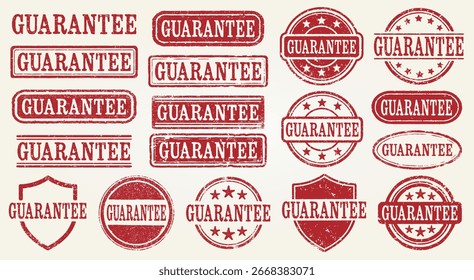 Garantía Retro Grunge Set de sello. Colección De 18 Sellos De Goma Antiguas Red Guarantee Con Textura Grunge. Perfecto Para Etiquetas, Embalaje, Certificados, Publicidad. Imagen de Vector aislado