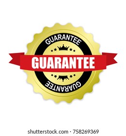 Guarantee round gold badge with red ribbon.vector illustration