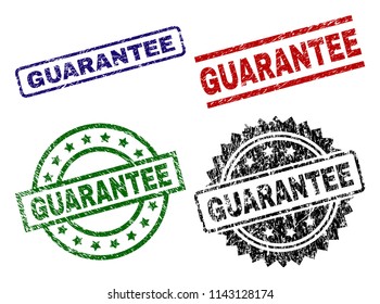 GUARANTEE seal prints with damaged surface. Black, green,red,blue vector rubber prints of GUARANTEE label with corroded surface. Rubber seals with circle, rectangle, medal shapes.
