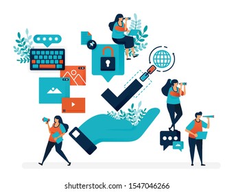 Guarantee of security protection for internet access. Verification on link network. Hand with giant tick. Simple tick symbol vector illustration for landing page, web, mobile apps, flyer, poster, ui