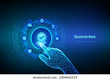 Guarantee, Warranty, Standards, Satisfaction, Quality assurance, ISO certification and standardization concept. Sign of the top service. Robotic hand touching digital interface. Vector illustration.