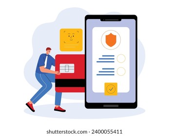 Protección garantizada de cuentas mediante el uso de ID facial, transacciones en banca móvil, ilustración de vector de pago seguro.
