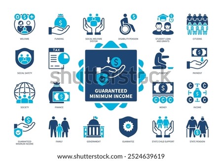 Guaranteed Minimum Income GMI icon set. Pension, Payment, Guarantee, Funding, Welfare, Social Safety, Finance, Family. Duotone color solid icons
