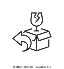 Garantierte Rückgabe, lineares Symbol. Paketrückgabe bei Beschädigung des Objekts. Linie mit bearbeitbarem Hub