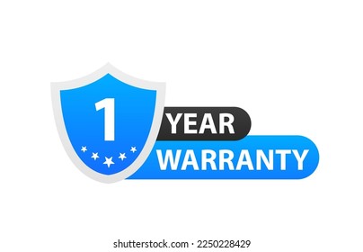 Guaranteed safety Warranty 1 year. Blue shield design isolated on white background. 1 Year warranty in yellow and Blue background. 1 Year warranty logo. 1 Year warranty badge. Vector illustration