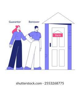 Guarantor And Borrower Standing In Front Of Bank In Flat Vector Illustration Symbolizing Financial Support, Loan Agreement, And Banking Services, Isolated On White Background