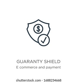 Guaranty shield icon. Thin linear guaranty shield outline icon isolated on white background from e commerce and payment collection. Line vector sign, symbol for web and mobile