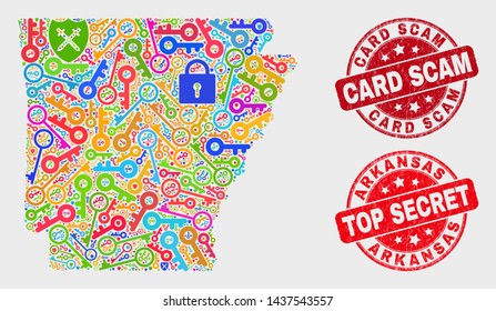 Guard Arkansas State map and stamps. Red round Top Secret and Card Scam textured stamps. Colorful Arkansas State map mosaic of different guard symbols. Vector composition for guard purposes.