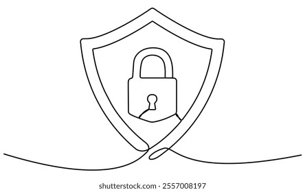 Guard bade with padlock inside continuous line drawing. Protect and security concept. Vector hand drawn illustration isolated on white.