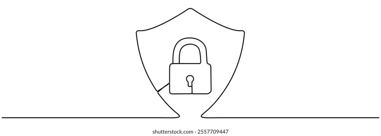 Guard badge with padlock inside continuous line drawing. Protect and security concept. Vector hand drawn illustration isolated on white.