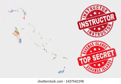 Guard Bahamas Islands map and seal stamps. Red round Top Secret and Instructor grunge seal stamps. Colorful Bahamas Islands map mosaic of different privacy elements. Vector collage for guard purposes.