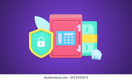 Guard banking protective system with shield and metal safe with combination lock 3d icon isometric vector illustration. Cash dollar money and gems safety protection bank secure isolated on white