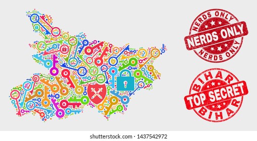 Guard Bihar State map and stamps. Red round Top Secret and Nerds Only scratched seal stamps. Bright Bihar State map mosaic of different safeguard elements. Vector collage for guard purposes.
