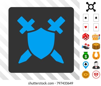 Guard blue pictograph inside gray rounded square with bonus casino pictographs. Vector illustration style is flat iconic symbols. Designed for gamble software.