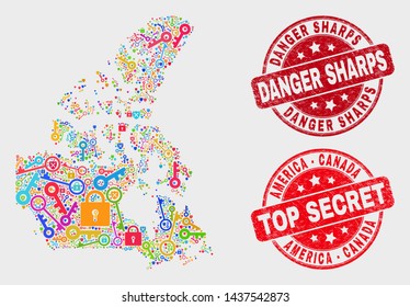 Guard Canada v2 map and stamps. Red round Top Secret and Danger Sharps grunge seal stamps. Colorful Canada v2 map mosaic of different security items. Vector combination for guard purposes.