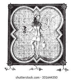 A Guard of cities, Miniature from a manuscript of the Library of Besancon, vintage engraved illustration. Magasin Pittoresque 1882.
