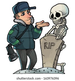 guard cute talking to the skeleton in the cemetery. vector drawing of a series of comic characters. 