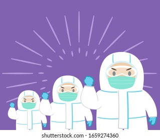 Guard demonstrate determination to fight the coronavirus and defeat the disease. Concept of epidemic prevention. Vector flat illustration.