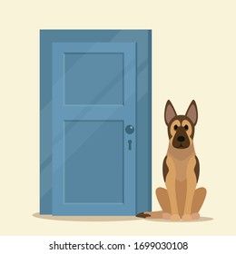 Guard dog on duty. Watchdog german shepherd sitting near the home door and guards the property from thieves. Vector illustration, flat design, cartoon style, isolated background.