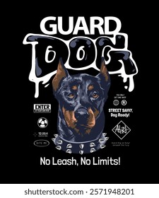 guard dog slogan with black doberman dog head graphic vector illustration on black background