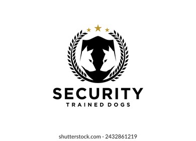 Logo de entrenamiento de perro de guardia, con adorno de corona de laurel y silueta de dos cabezas de perro.