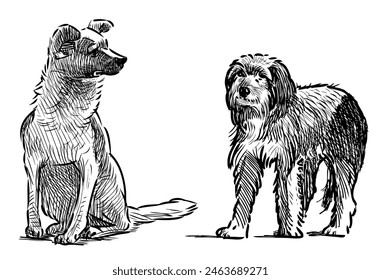 Perro de guardia, dos, perro faldero, mestizo, mascotas, animal doméstico, perro de observación, realista, boceto, dibujo a mano de Vector aislado en blanco