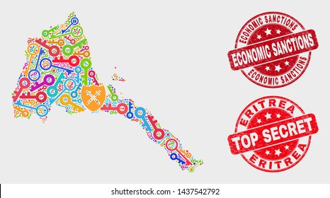 Guard Eritrea map and watermarks. Red rounded Top Secret and Economic Sanctions scratched watermarks. Colorful Eritrea map mosaic of different guard icons. Vector combination for guard purposes.