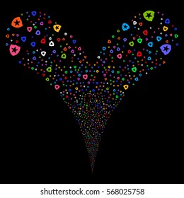 Guard fireworks stream. Vector illustration style is flat bright multicolored iconic symbols on a black background. Object double fountain combined from random symbols.