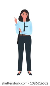 The guard girl of Asian appearance in the uniform of a policeman pointing his finger up. Vector illustration of people in the profession