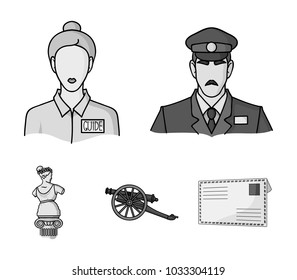 Guard, guide, statue, gun. Museum set collection icons in monochrome style vector symbol stock illustration web.