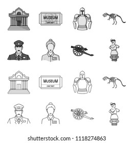 Guard, guide, statue, gun. Museum set collection icons in outline,monochrome style vector symbol stock illustration web.