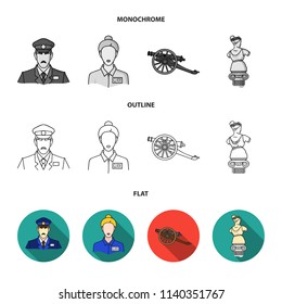 Guard, guide, statue, gun. Museum set collection icons in flat,outline,monochrome style vector symbol stock illustration web.