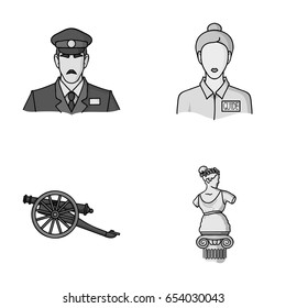 Guard, guide, statue, gun. Museum set collection icons in monochrome style vector symbol stock illustration web.